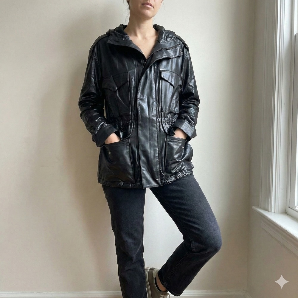 Norma Kamali Short Cargo Hoodie Jacket Womens Large‎ Black Foil NWT Glam Preppy